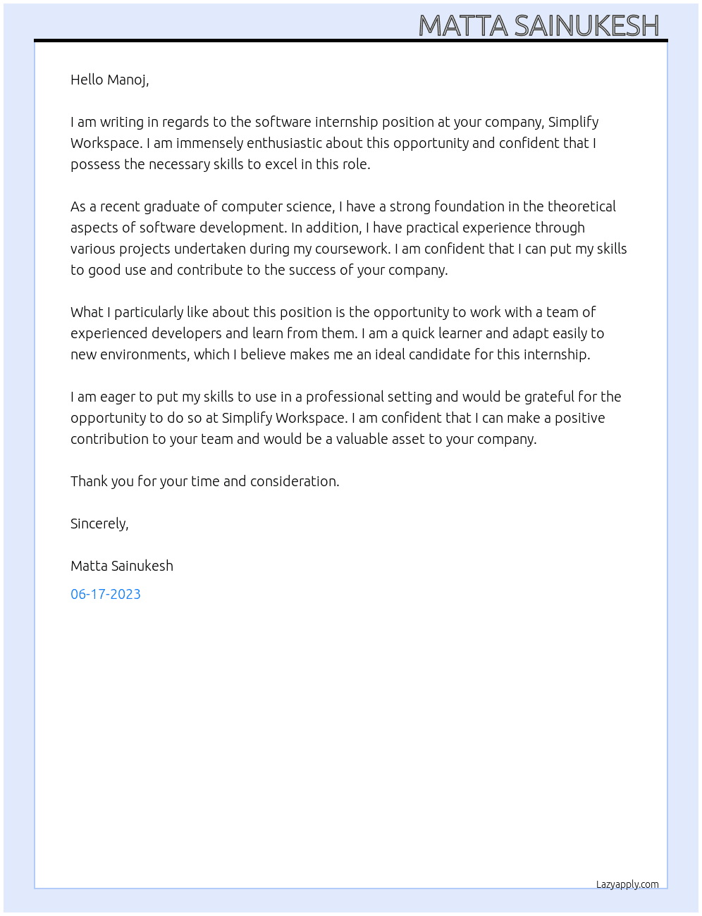 Software internship  At Simplify workspace Cover Letter