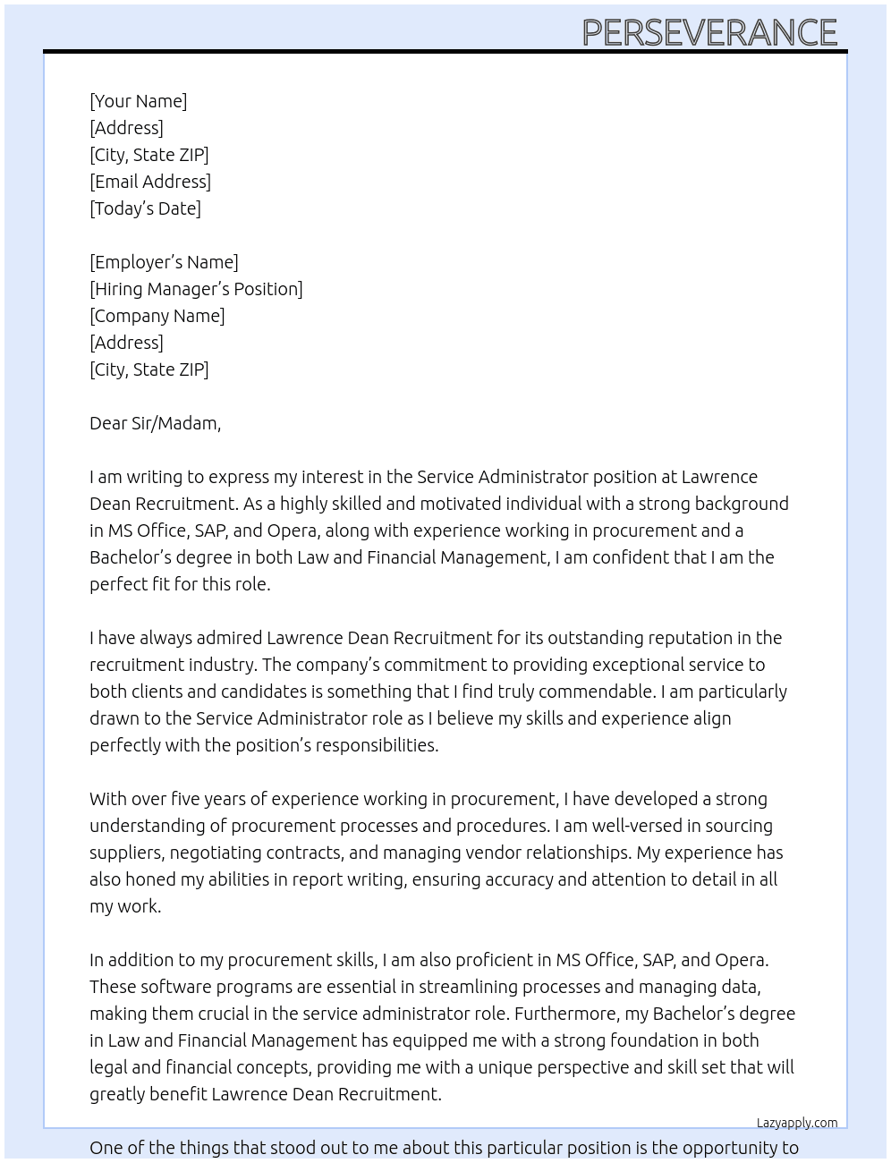 Service Administrator At Lawrence Dean Recruitment Cover Letter