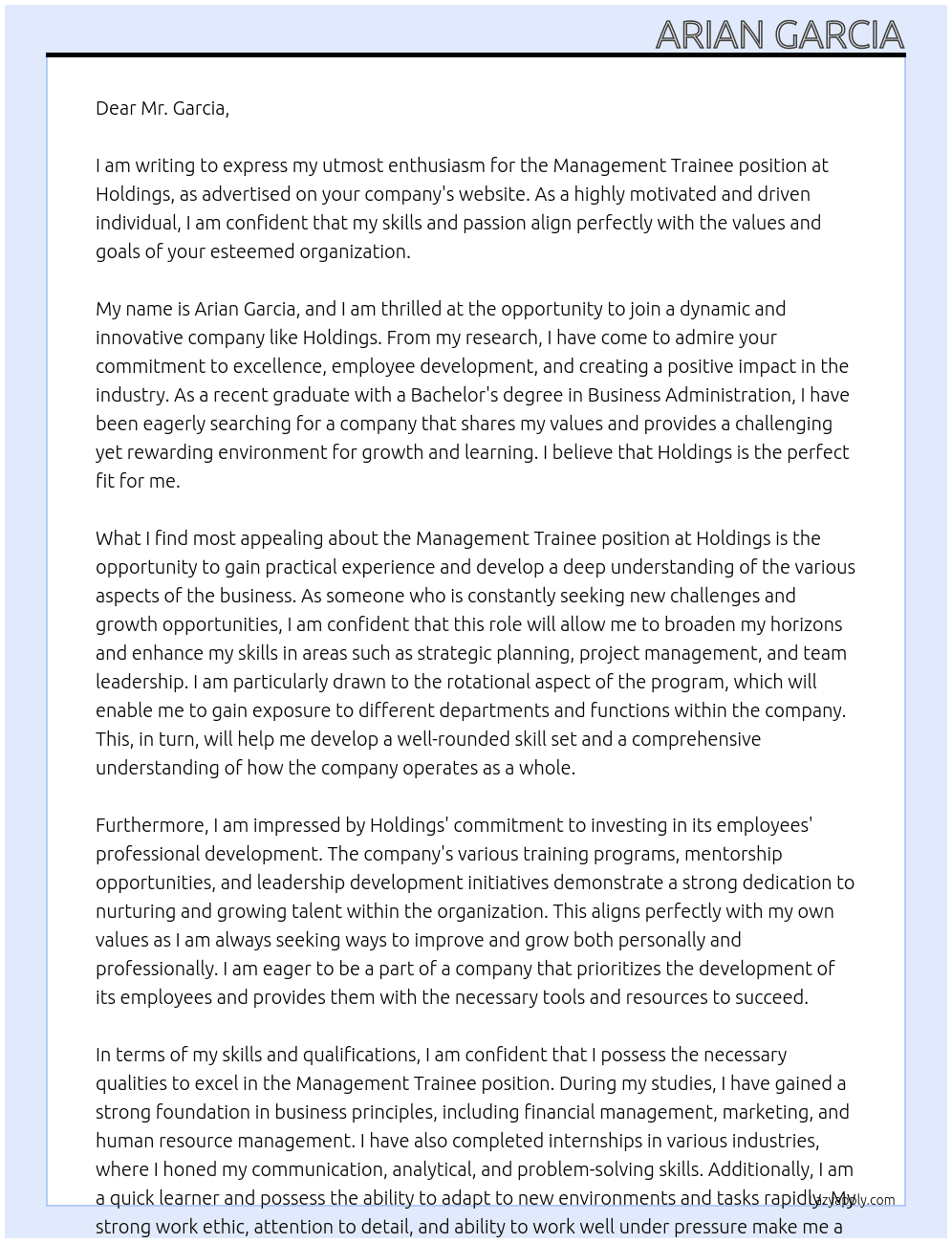 Management Trainee  At Holdings Cover Letter