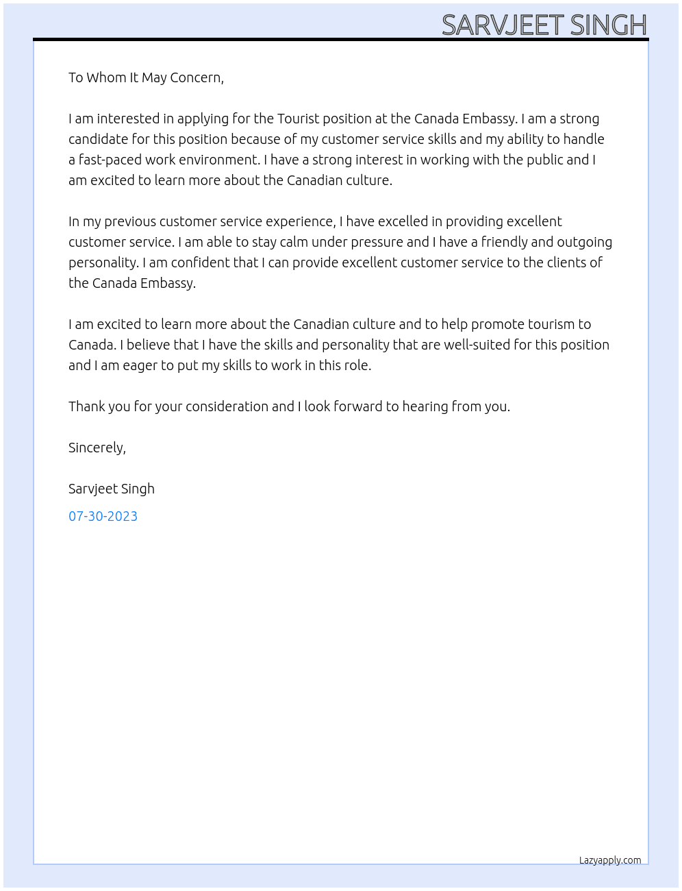 Tourist  At Canada Tourist Visa Cover Letter