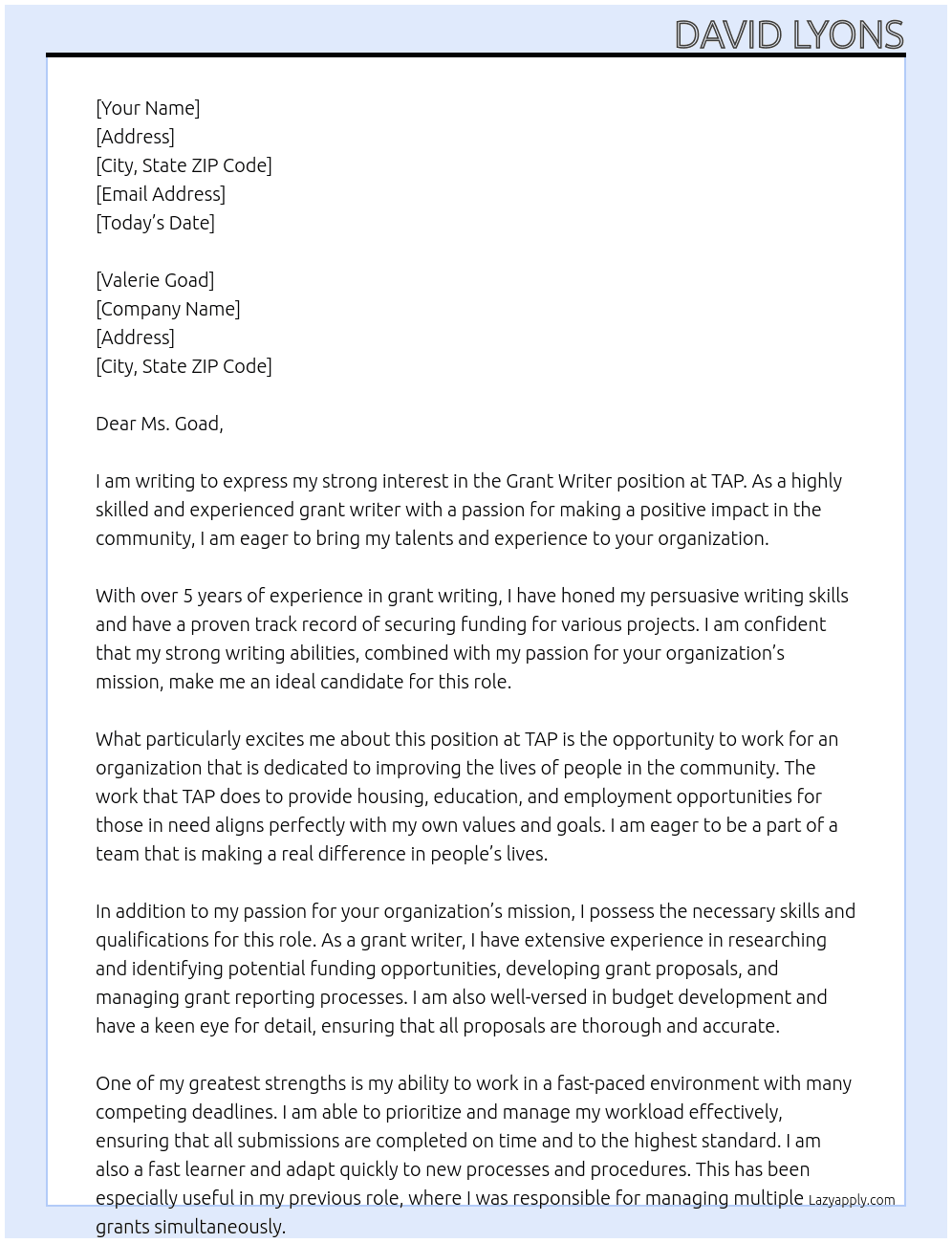 Grant Writer At TAP Cover Letter