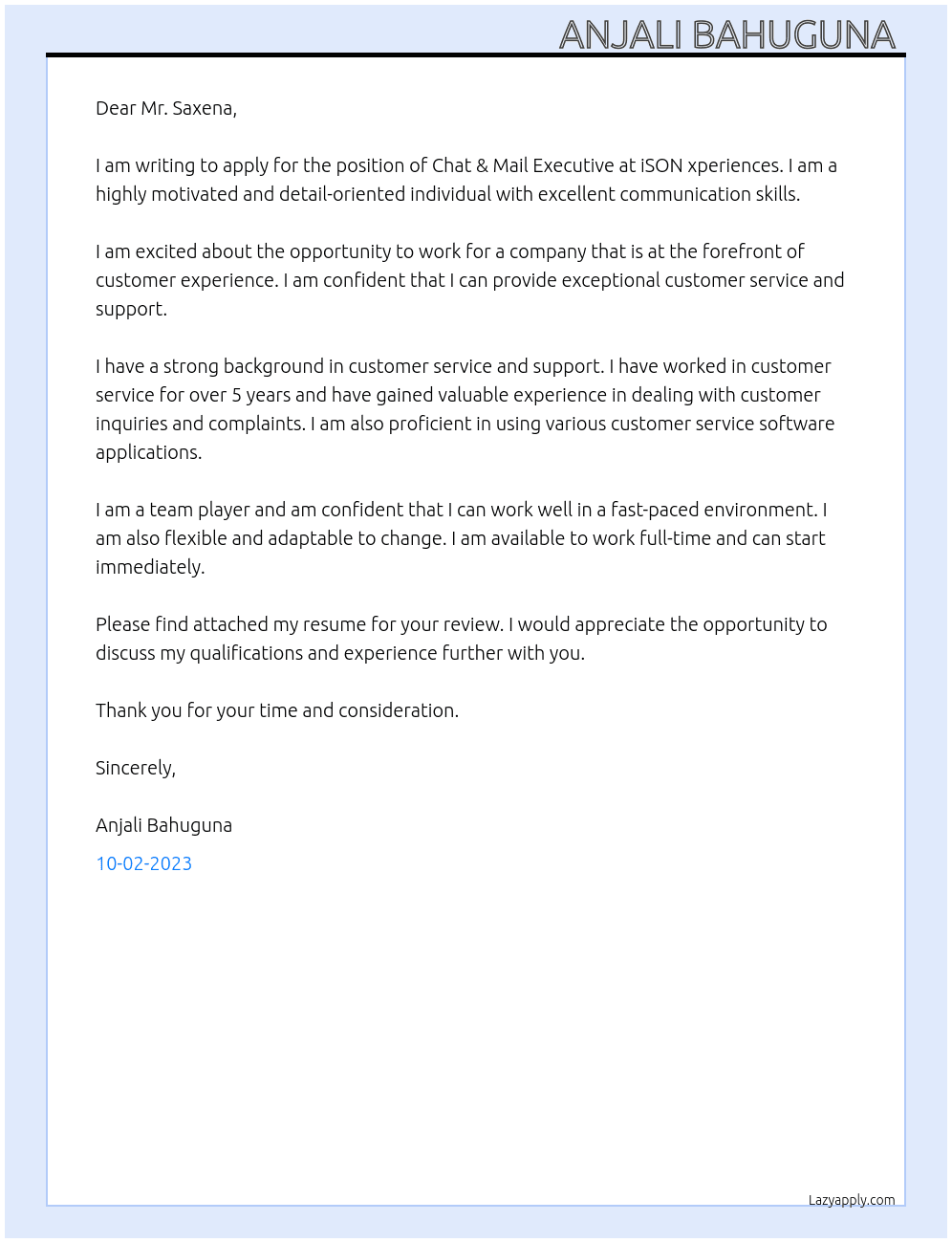 Chat & Mail Executive At iSON xperiences Cover Letter