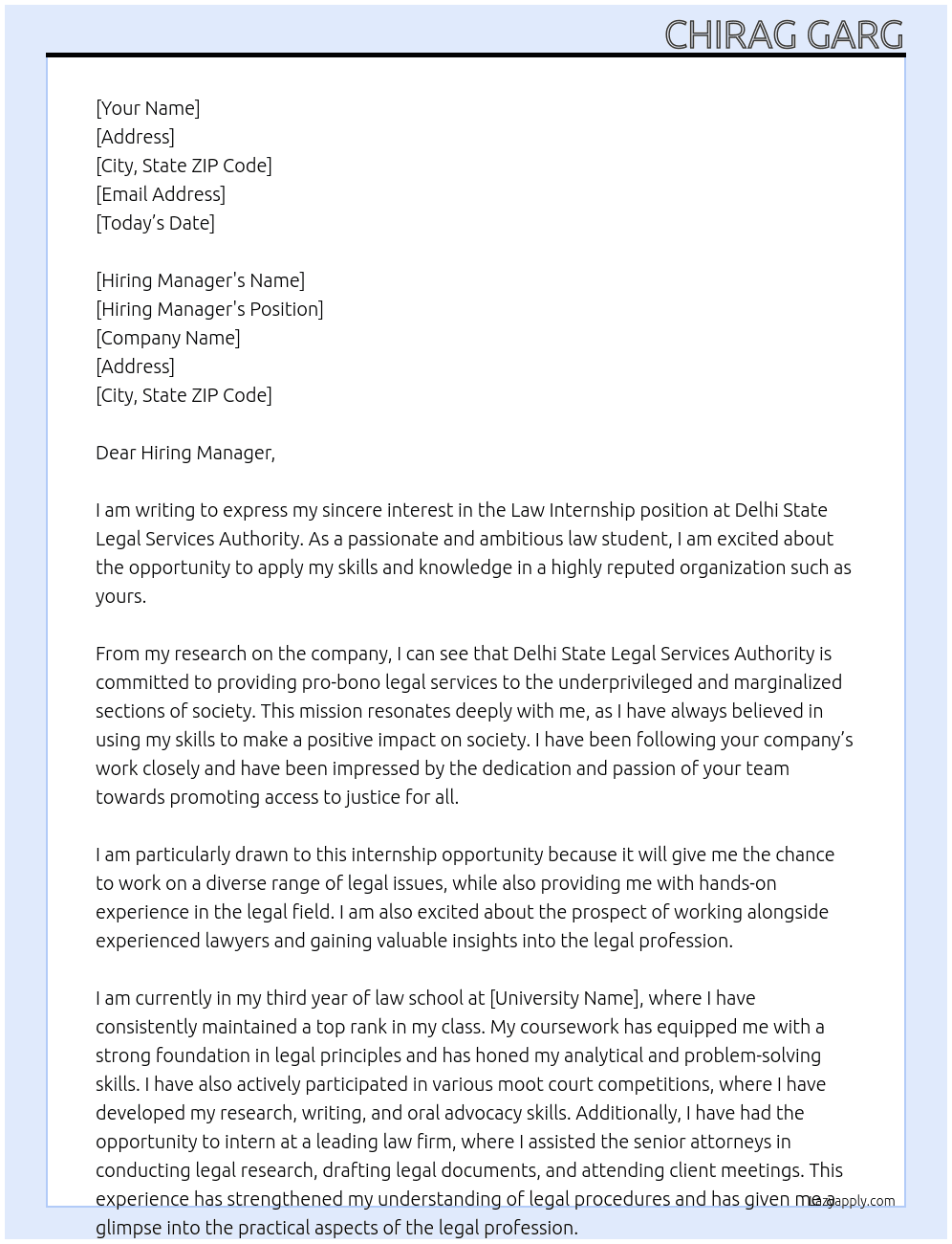 Law internship  At Delhi State Legal Services Authority Cover Letter