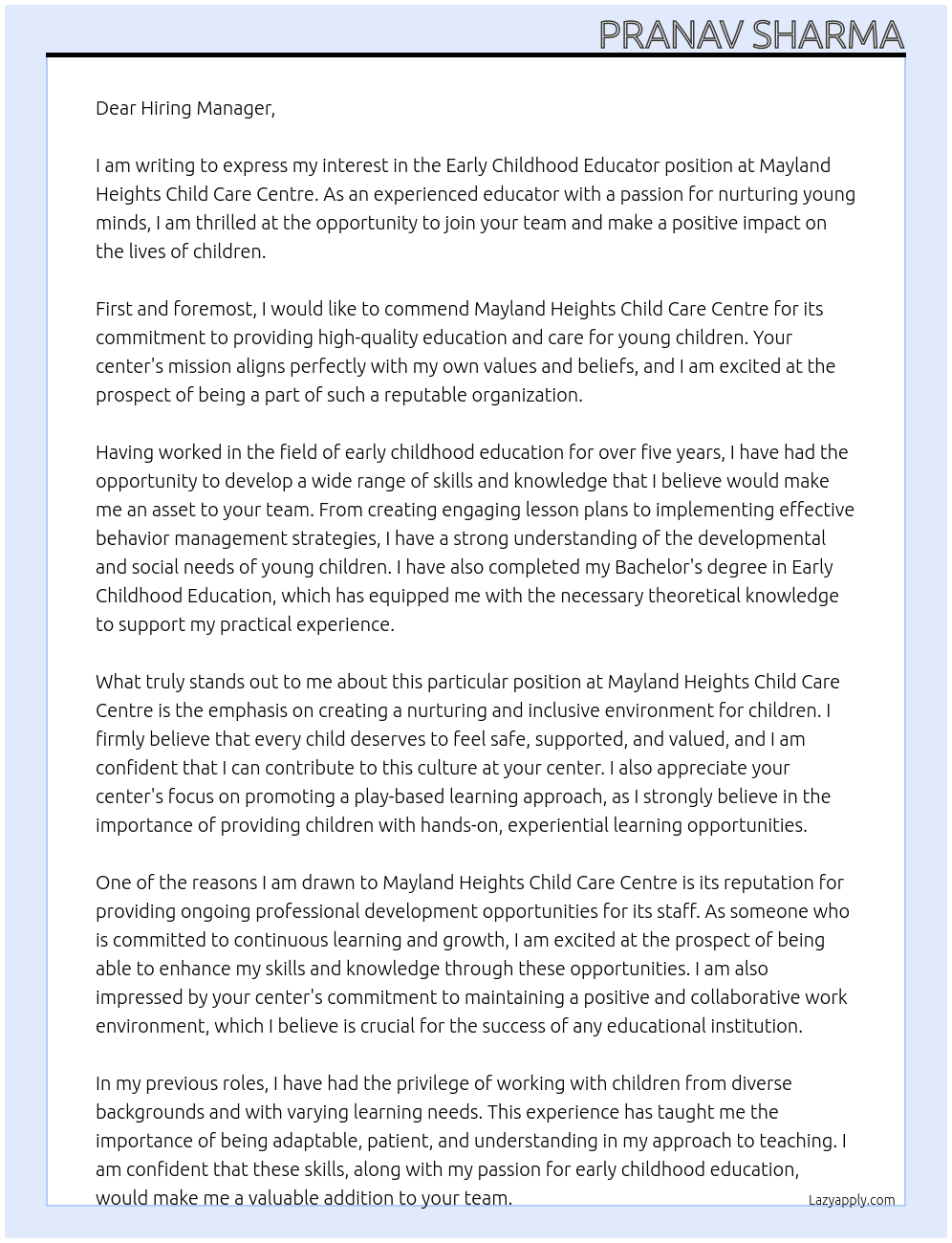 Early childhood eduactor At Mayland heights child care centre  Cover Letter