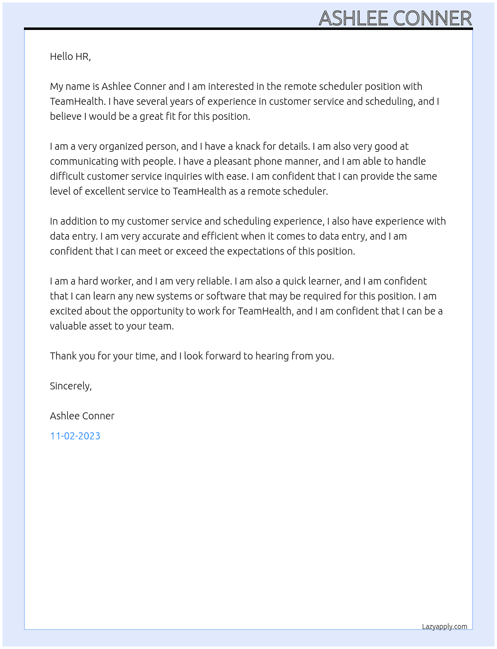 remote scheduler At TeamHealth Cover Letter