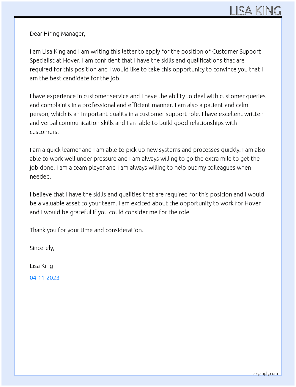 Customer Support Specialist At Hover Cover Letter