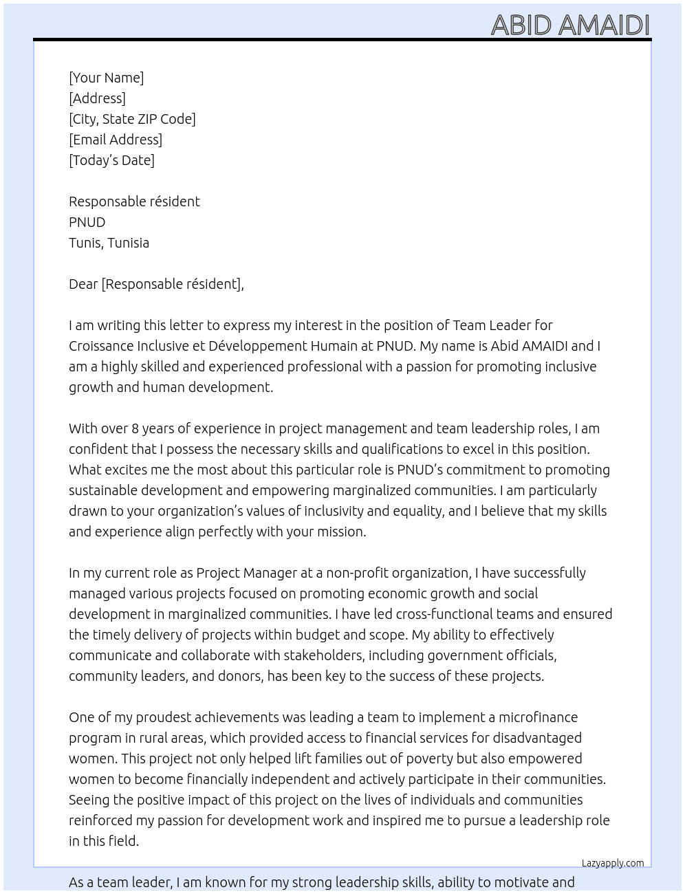 Team leader Croissance Inclusive et Développement Humain At PNUD Cover Letter