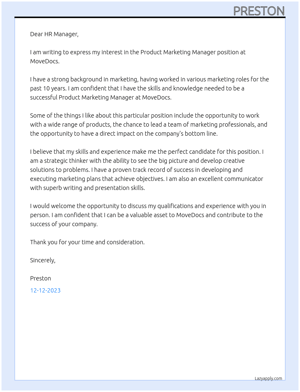 Product Marketing Manager At MoveDocs Cover Letter