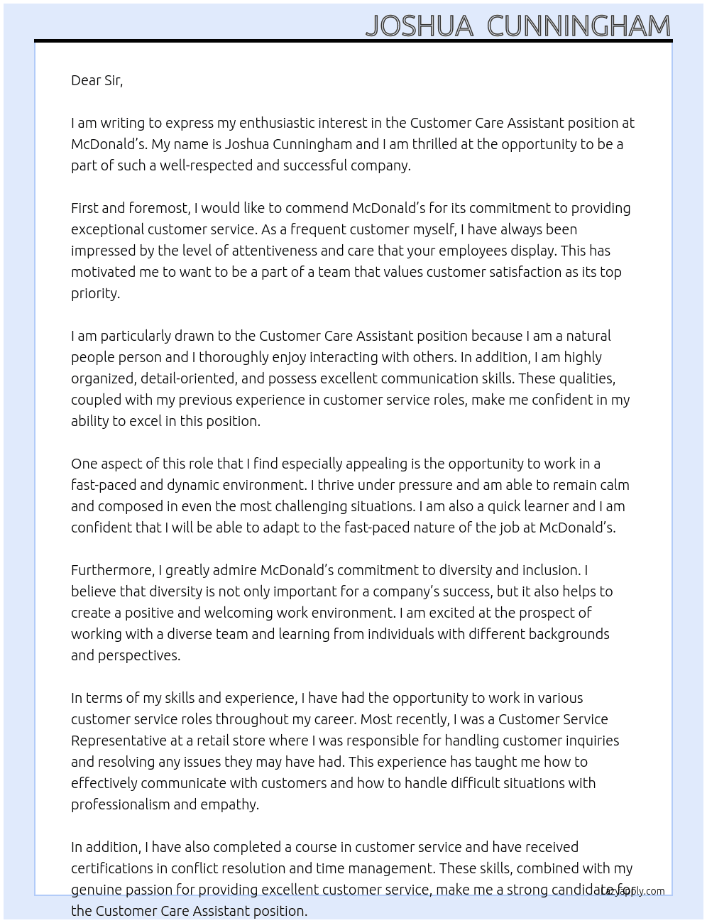 Customer care assistant At McDonald’s Cover Letter