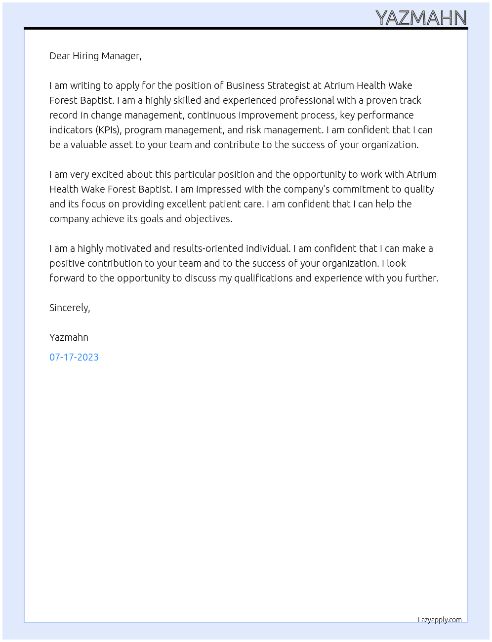 Business Strategist At Atrium Health Wake Forest Baptist Cover Letter