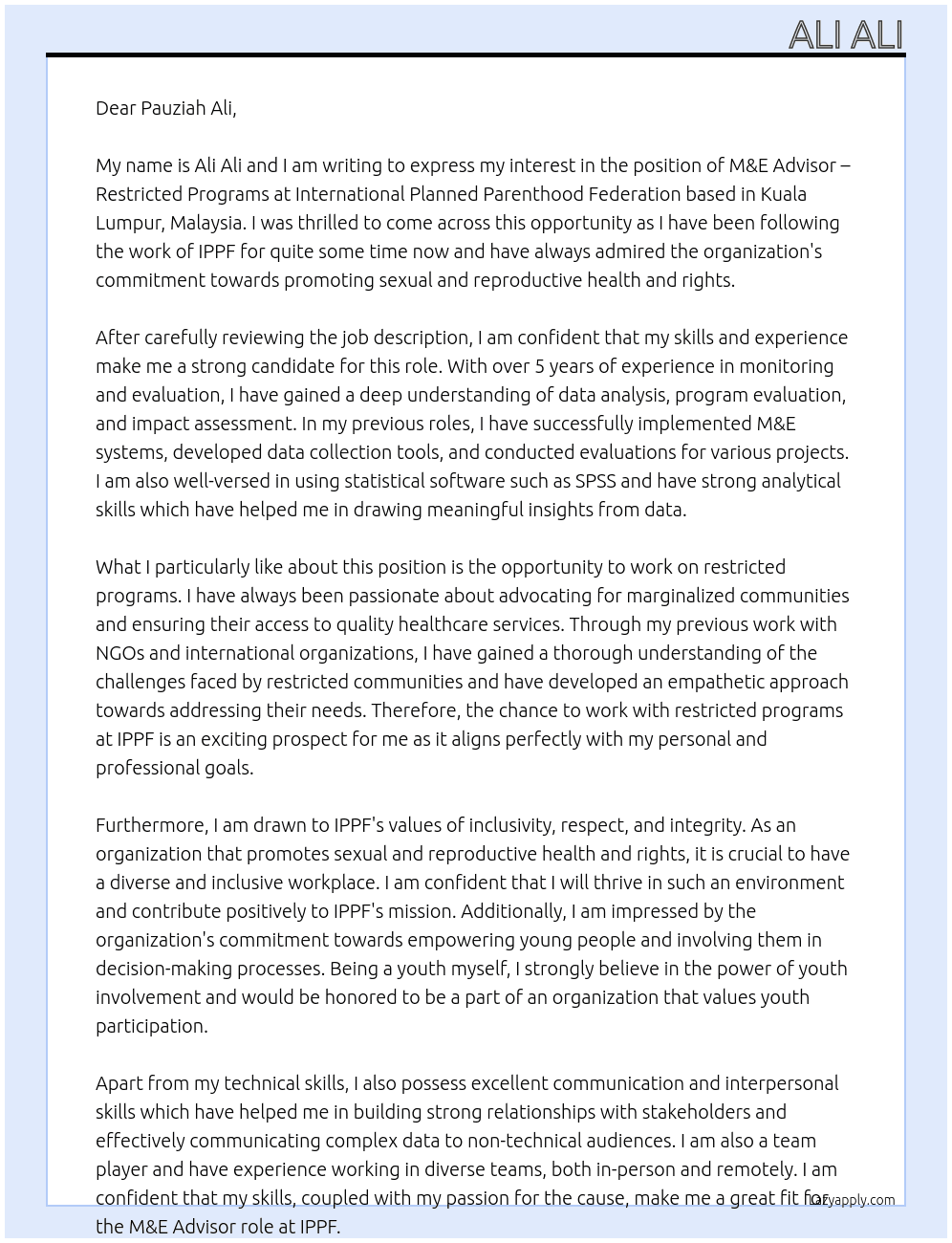 M&E Advisor– Restricted Programs (based in Kuala Lumpur, Malaysia) At  International Planned Parenthood Federation Cover Letter