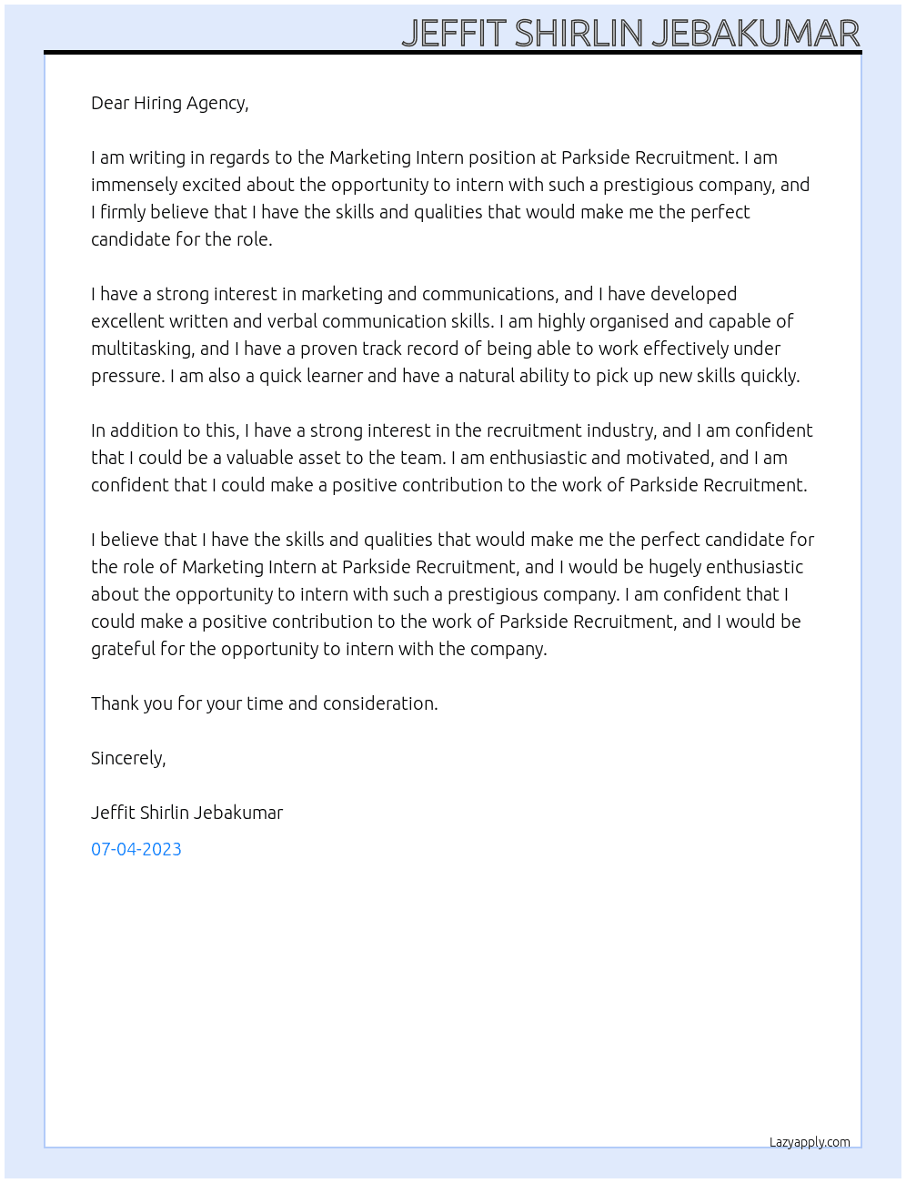 Marketing Intern At Parkside recruitment Cover Letter