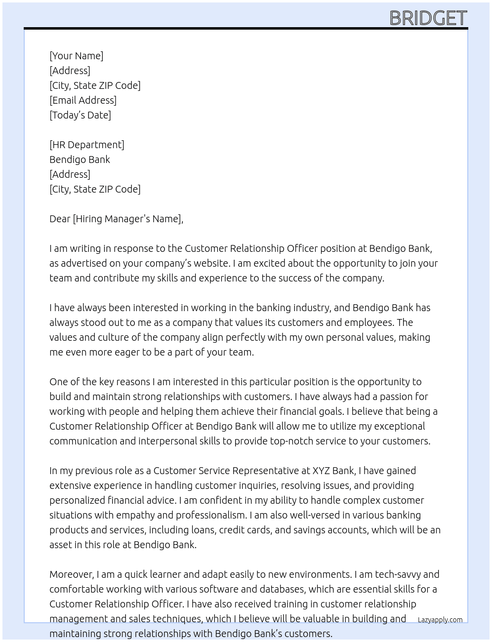 Customer Relationship Officer At Bendigo Bank Cover Letter