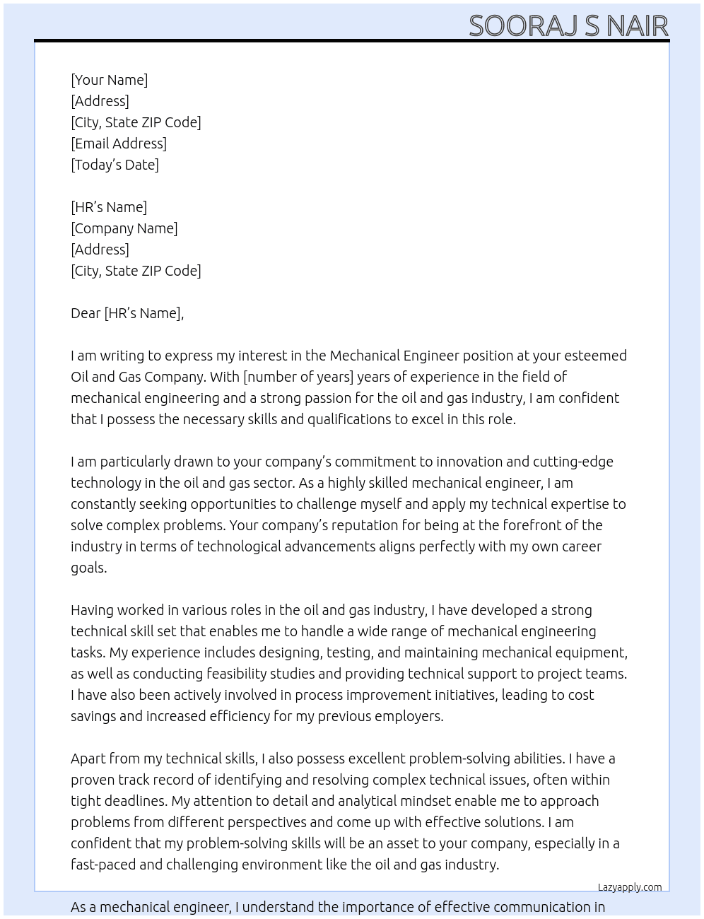 Mechanical engineer At Oil and gas company  Cover Letter