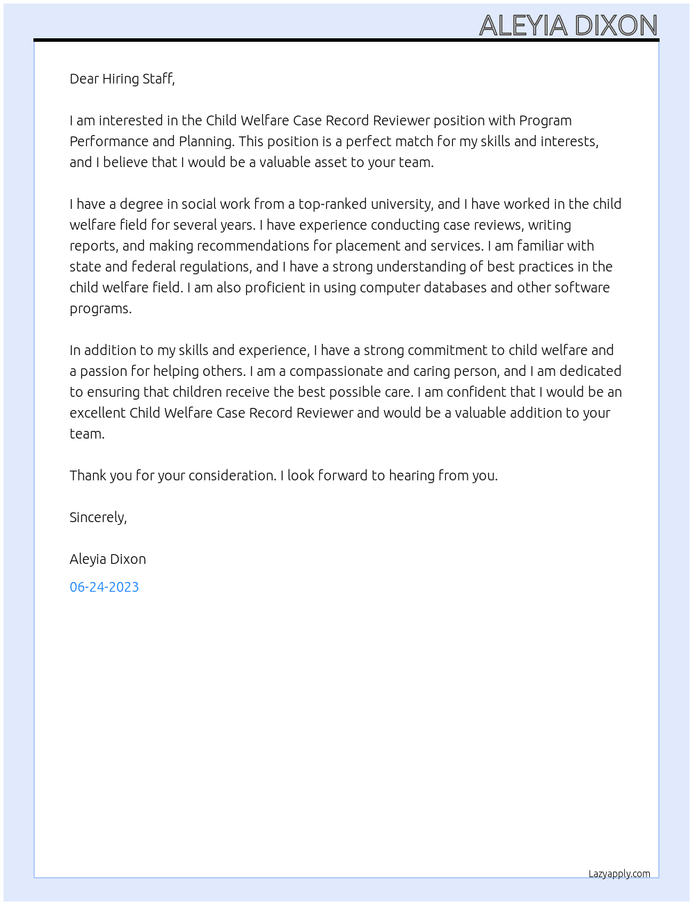 Child Welfare Case Record Reviewer At Program Performance and Planning Cover Letter