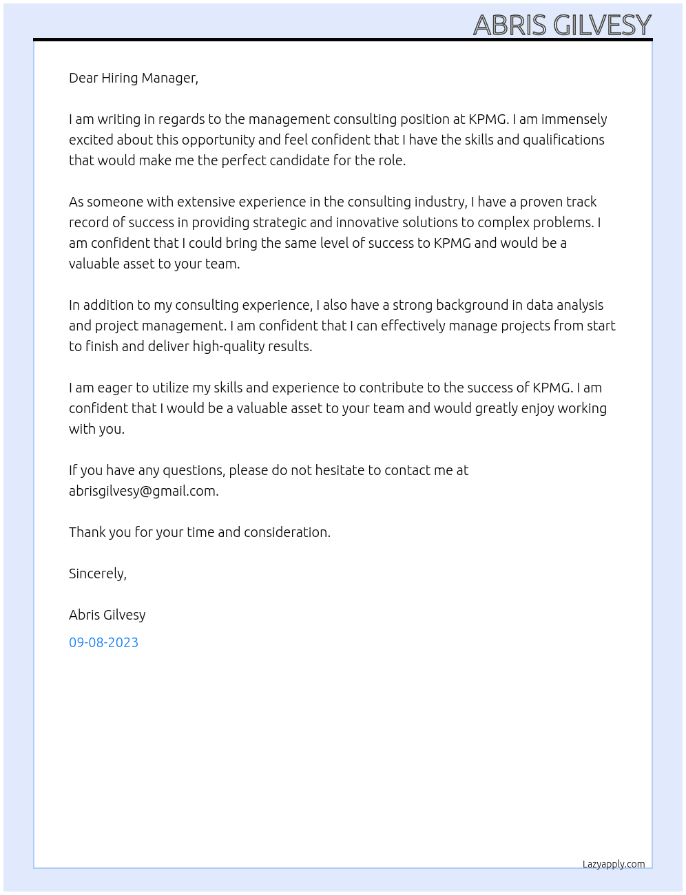 Management Consulting At KPMG Cover Letter