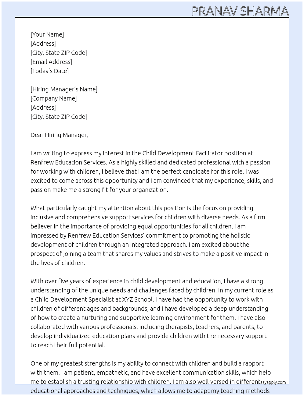 Child Development Facilitator At Renfrew Education Services  Cover Letter
