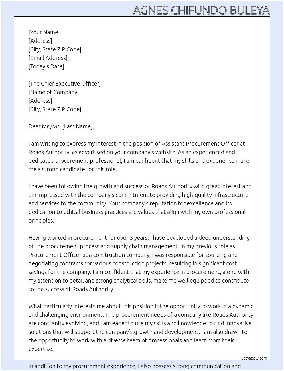 Assistant Procurement Officer At Roads Authority Cover Letter
