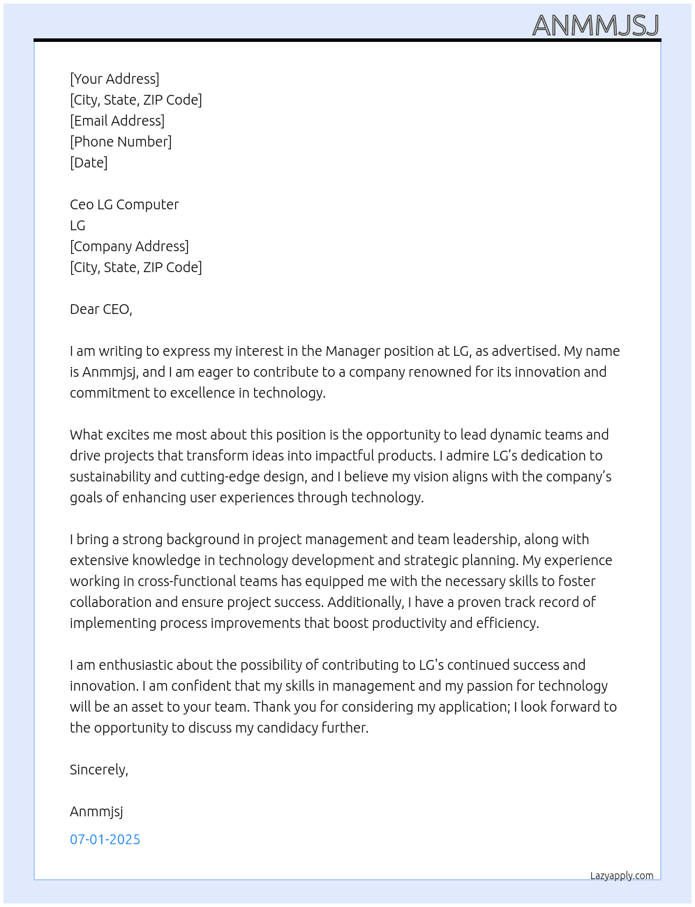 Manager  At Lg Cover Letter