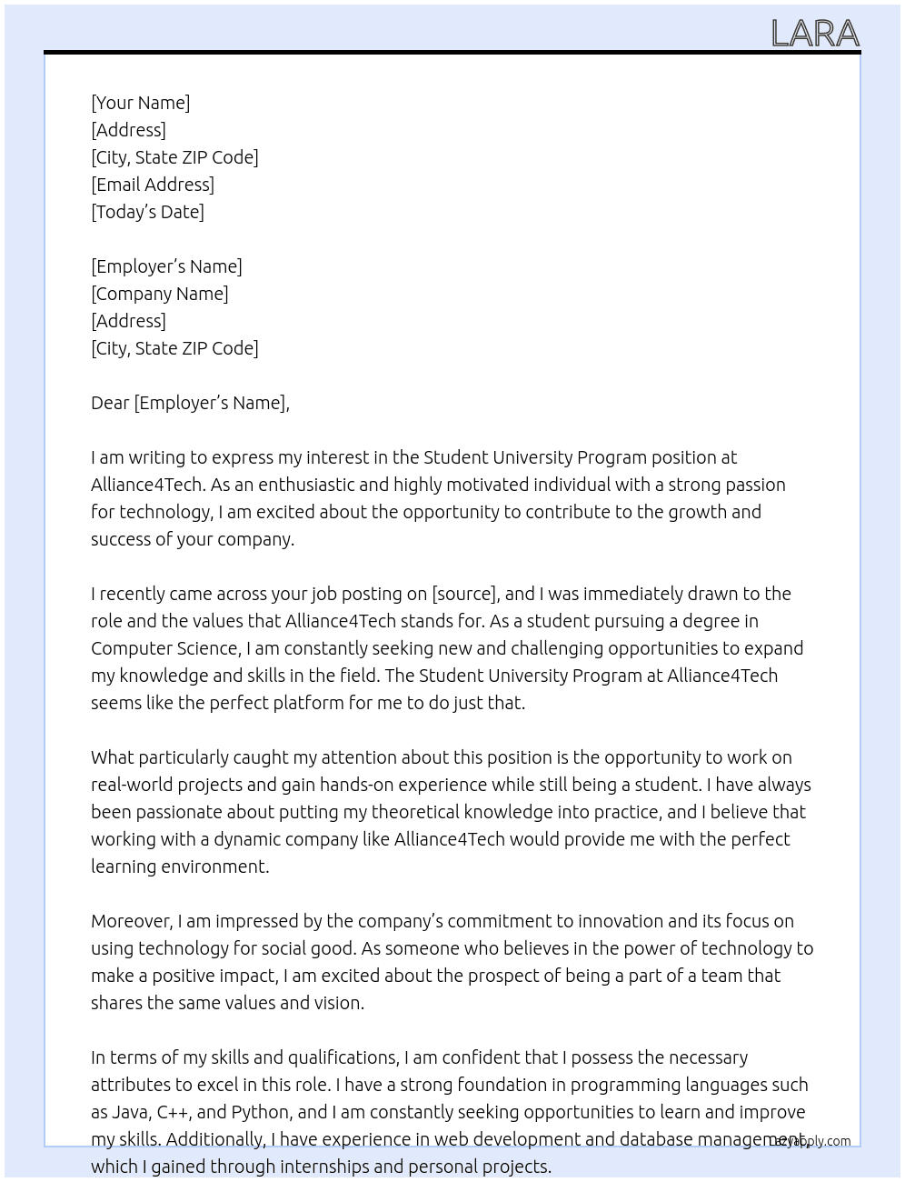 Student University Program At Alliance4Tech Cover Letter