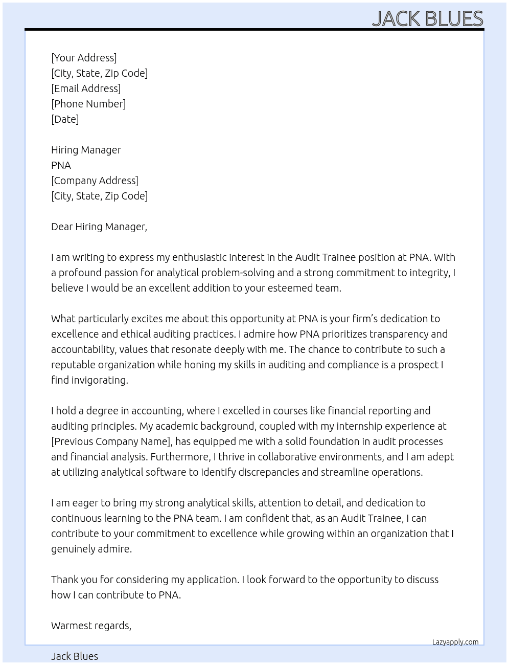 audit trainee At pna Cover Letter
