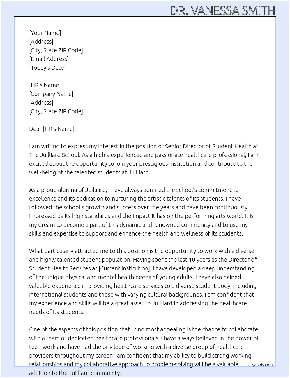 Senior Director of Student Health At The Juilliard School Cover Letter