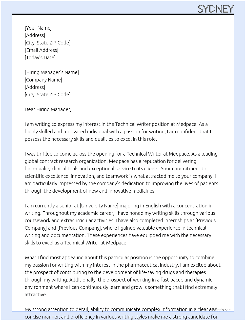 Technical writer At Medpace Cover Letter