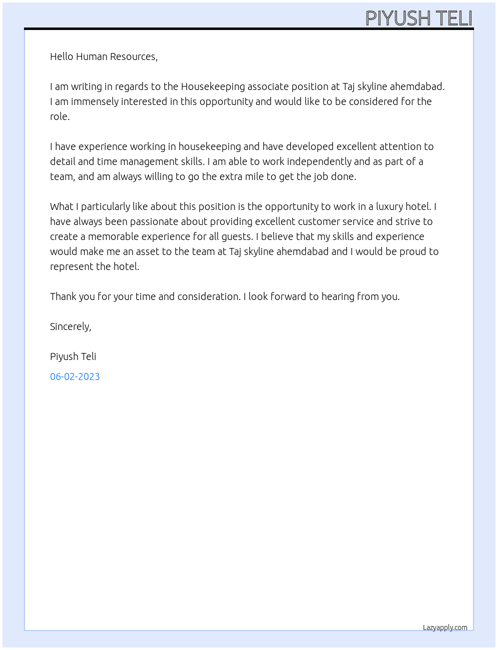 Housekeeping associate  At Taj skyline ahemdabad  Cover Letter