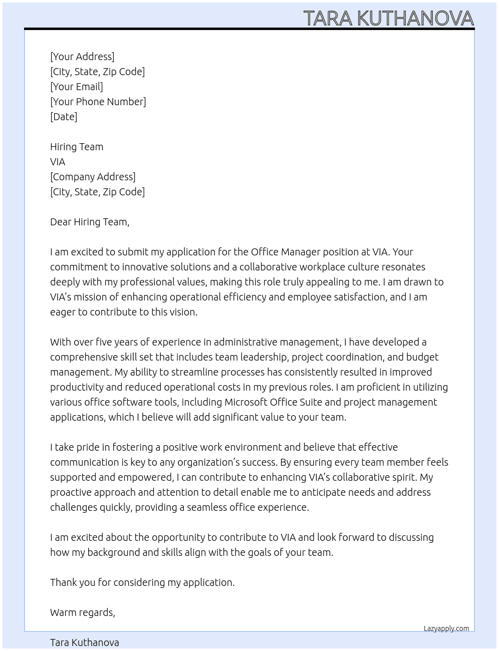 Office Manager At VIA Cover Letter