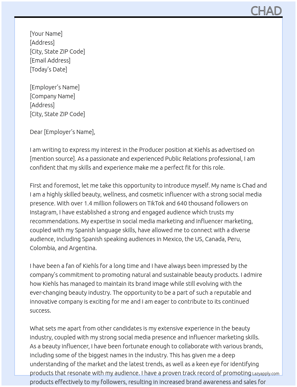 Producer At Kiehls Cover Letter