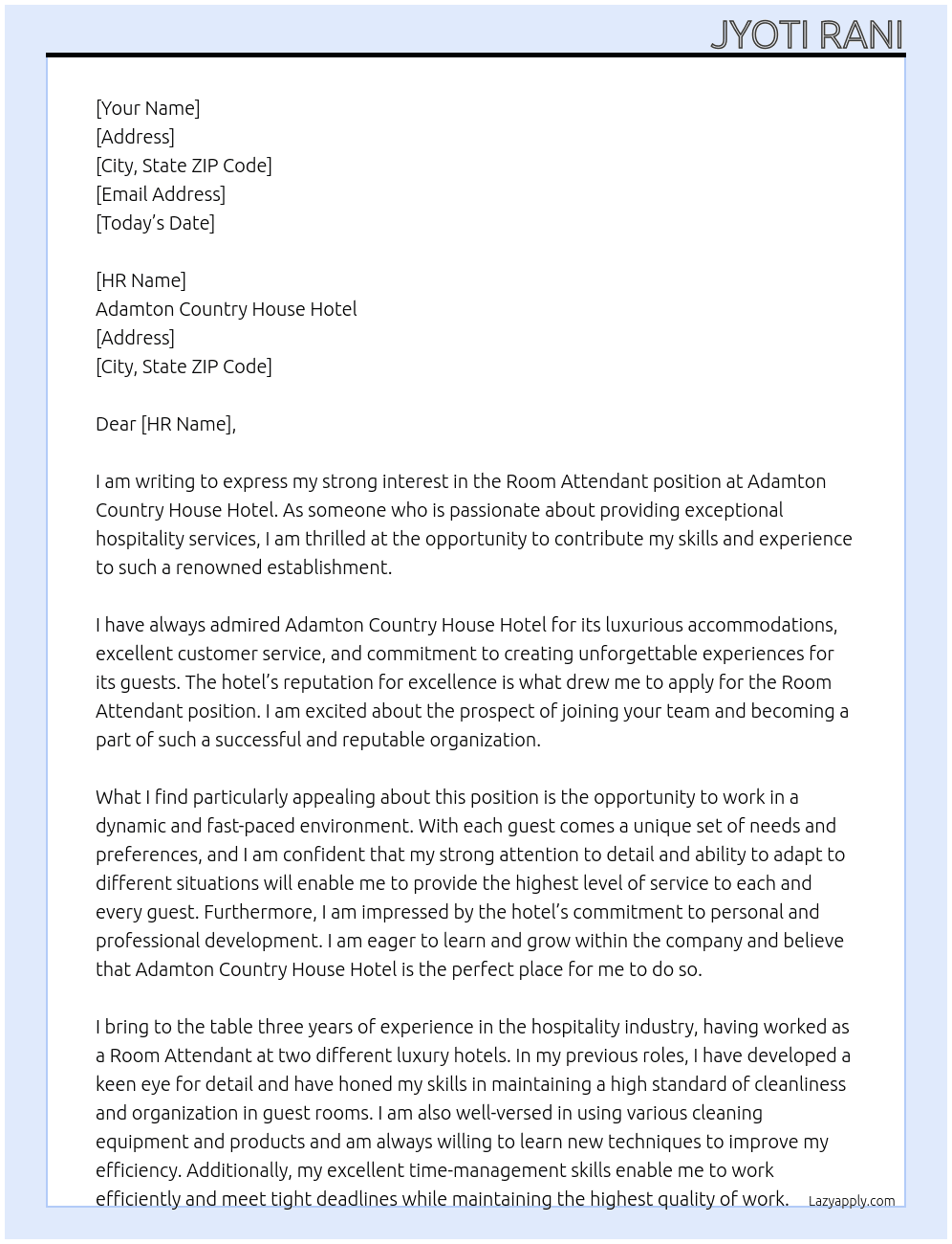 Room Attendant  At Adamton Country House Hotel Cover Letter
