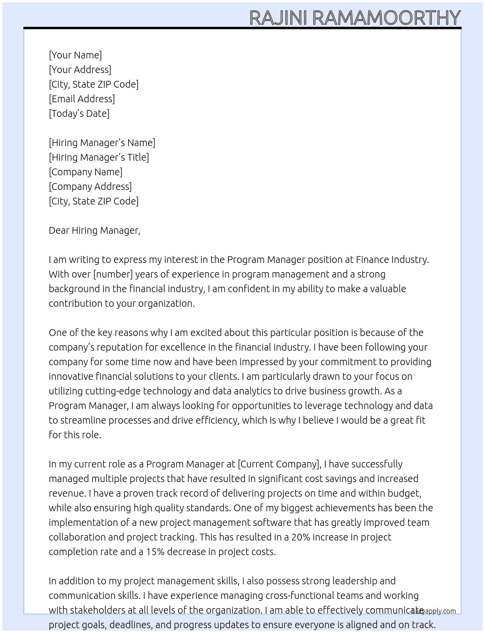 Program Manager At Finance Industry Cover Letter