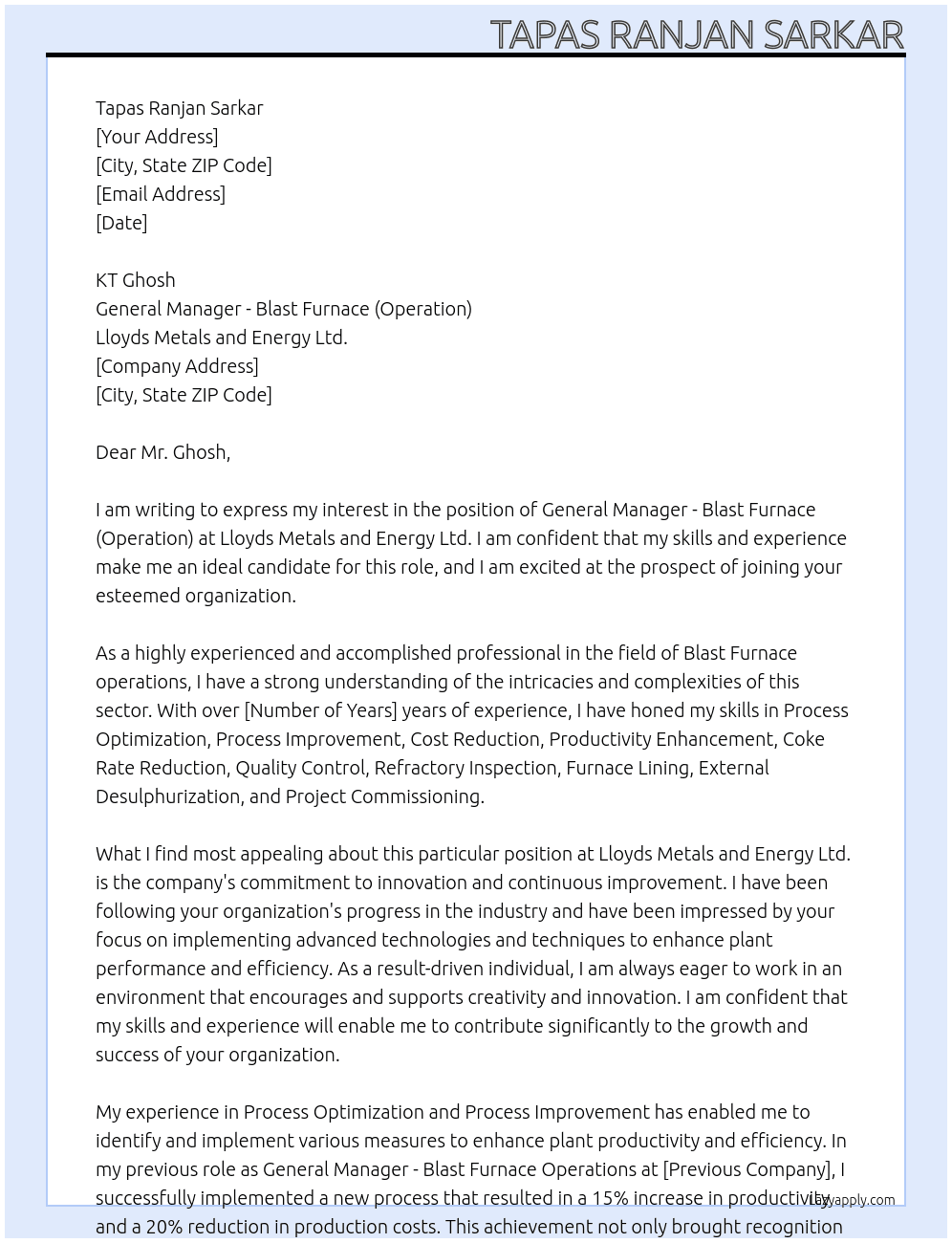 General Manager - Blast Furnace (Operation) At Lloyds  Metals  and  Energy  Ltd. Cover Letter