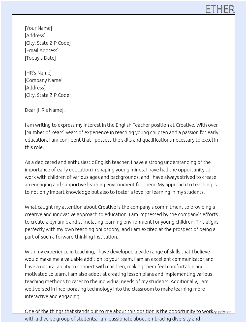 English Teacher At Creative Cover Letter