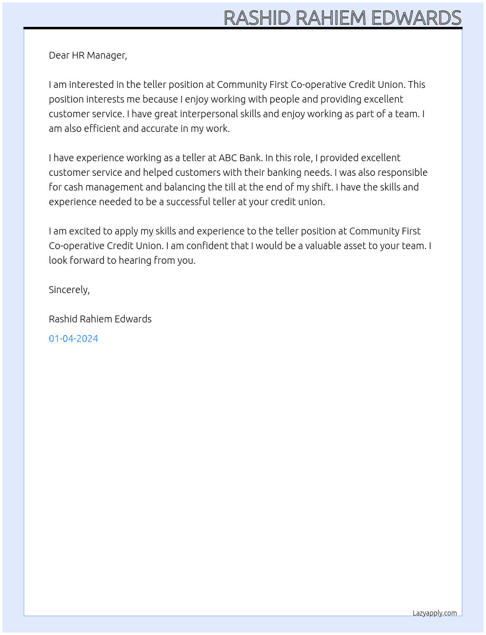 Teller At Community First Co-operative Credit Union Cover Letter