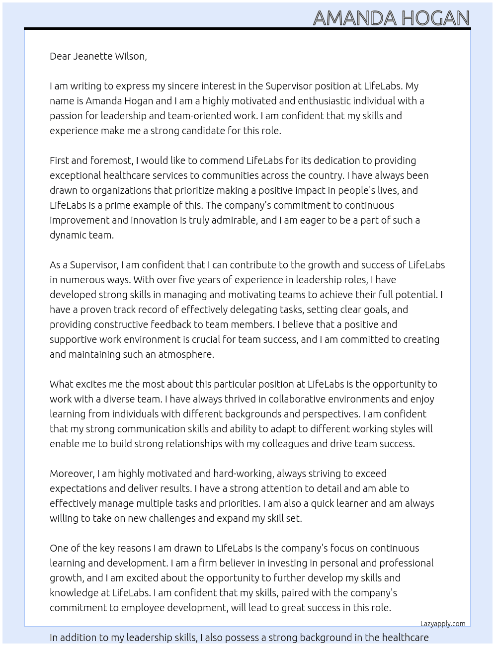 Supervisor At LifeLabs Cover Letter