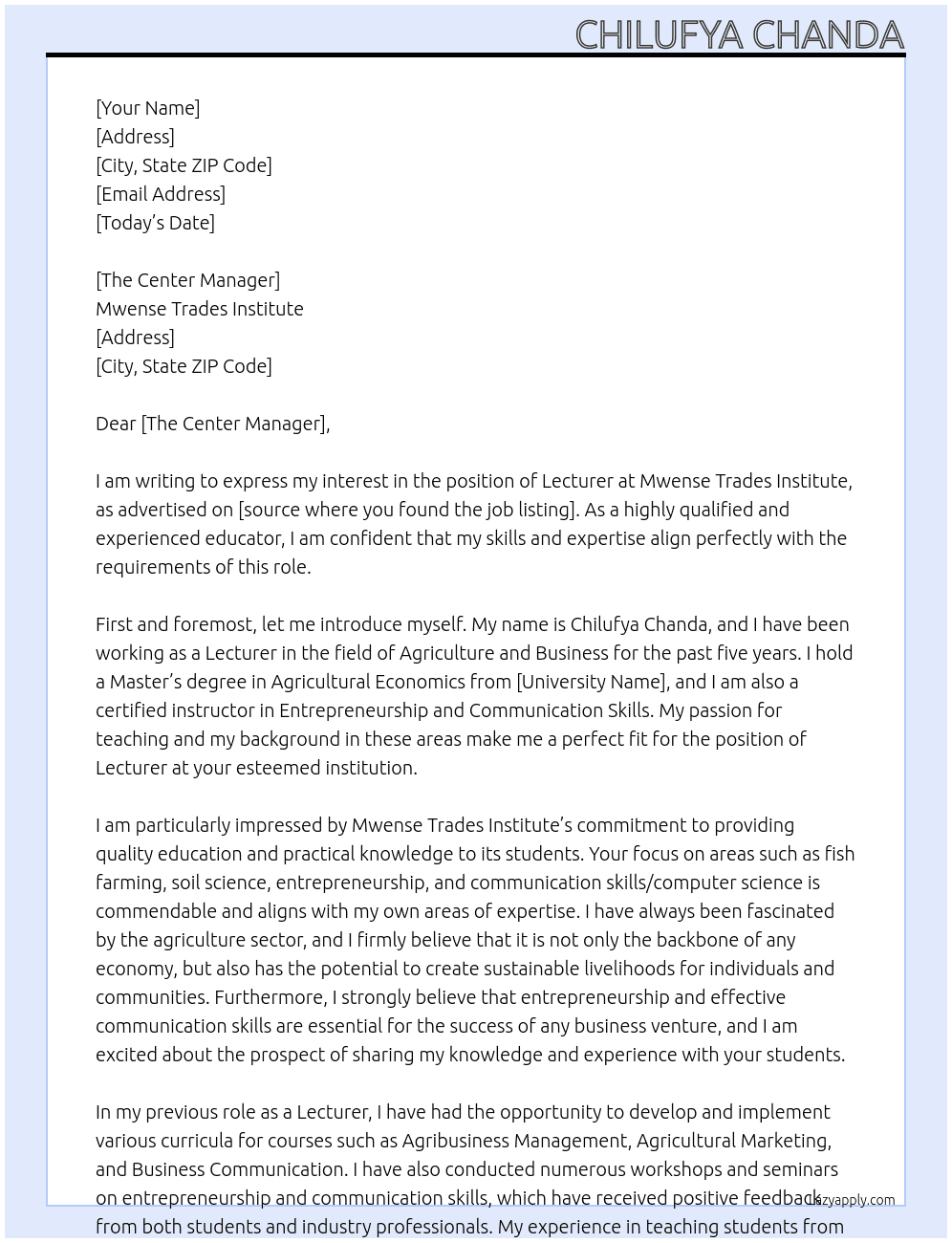 Lecturer (fish farming, soil science, entrepreneurship, communication skills/ computer science) At Mwense Trades Institute Cover Letter