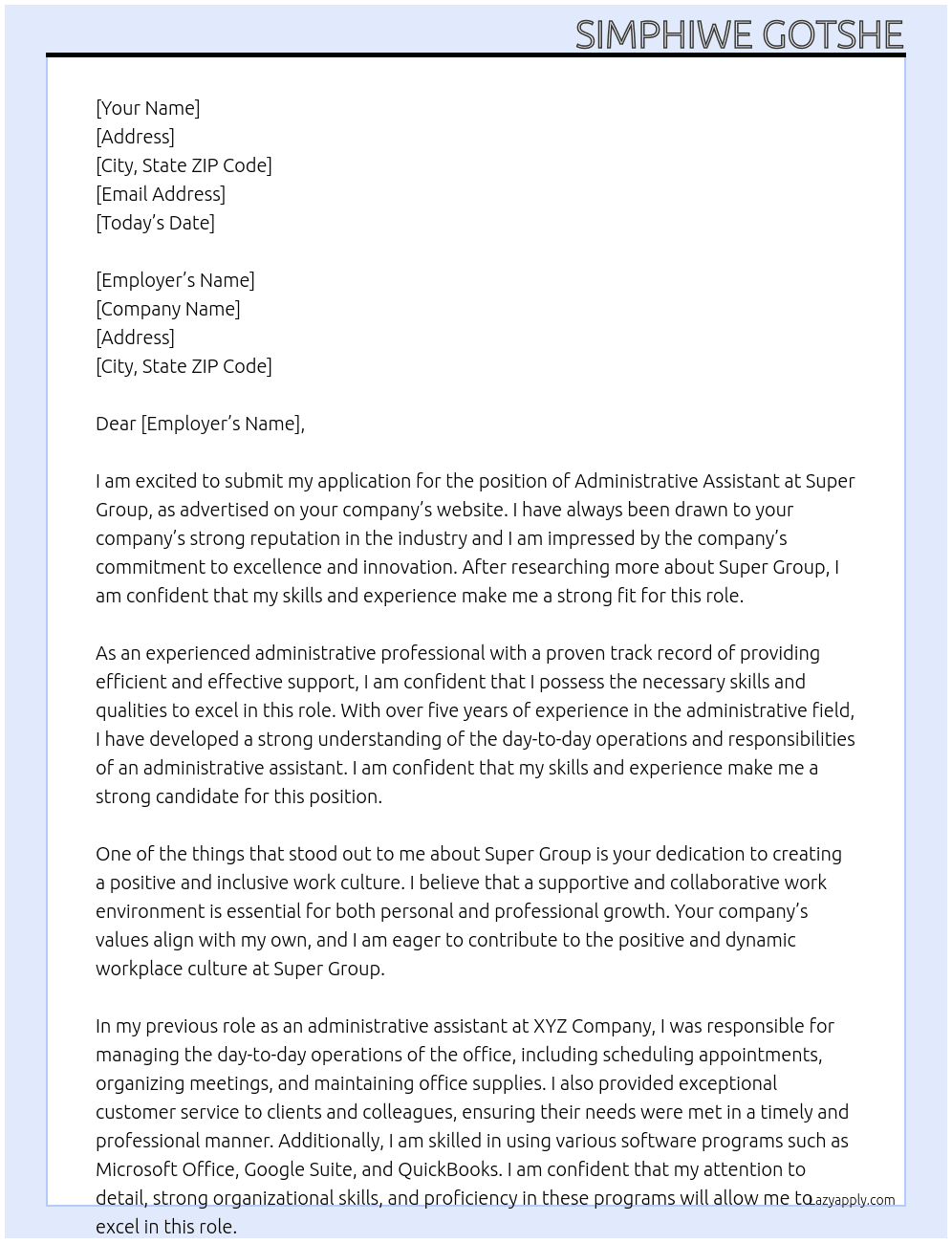 Administrative Assistant At Super Group Cover Letter