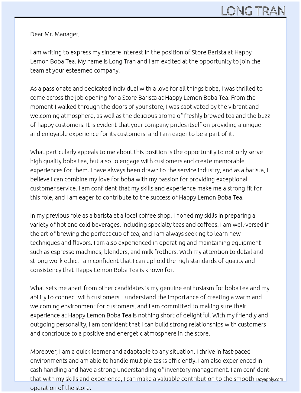 Store Barista At Happy Lemon Boba Tea Cover Letter