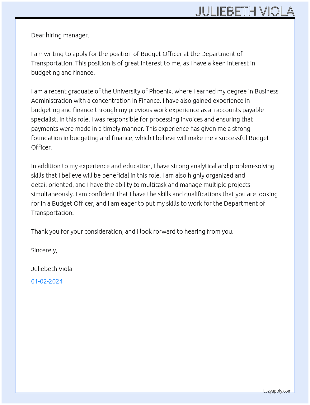 Budger Officer At Department of Transportation Cover Letter