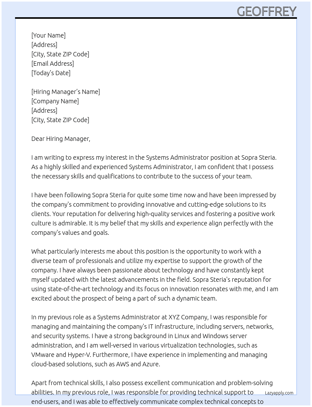 Systems Administrator At Sopra Steria Cover Letter