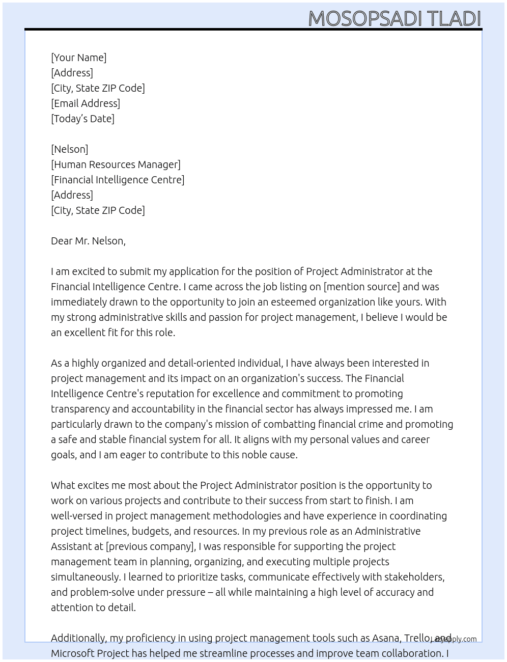 Project Administrator At Financial Intelligence Centre Cover Letter