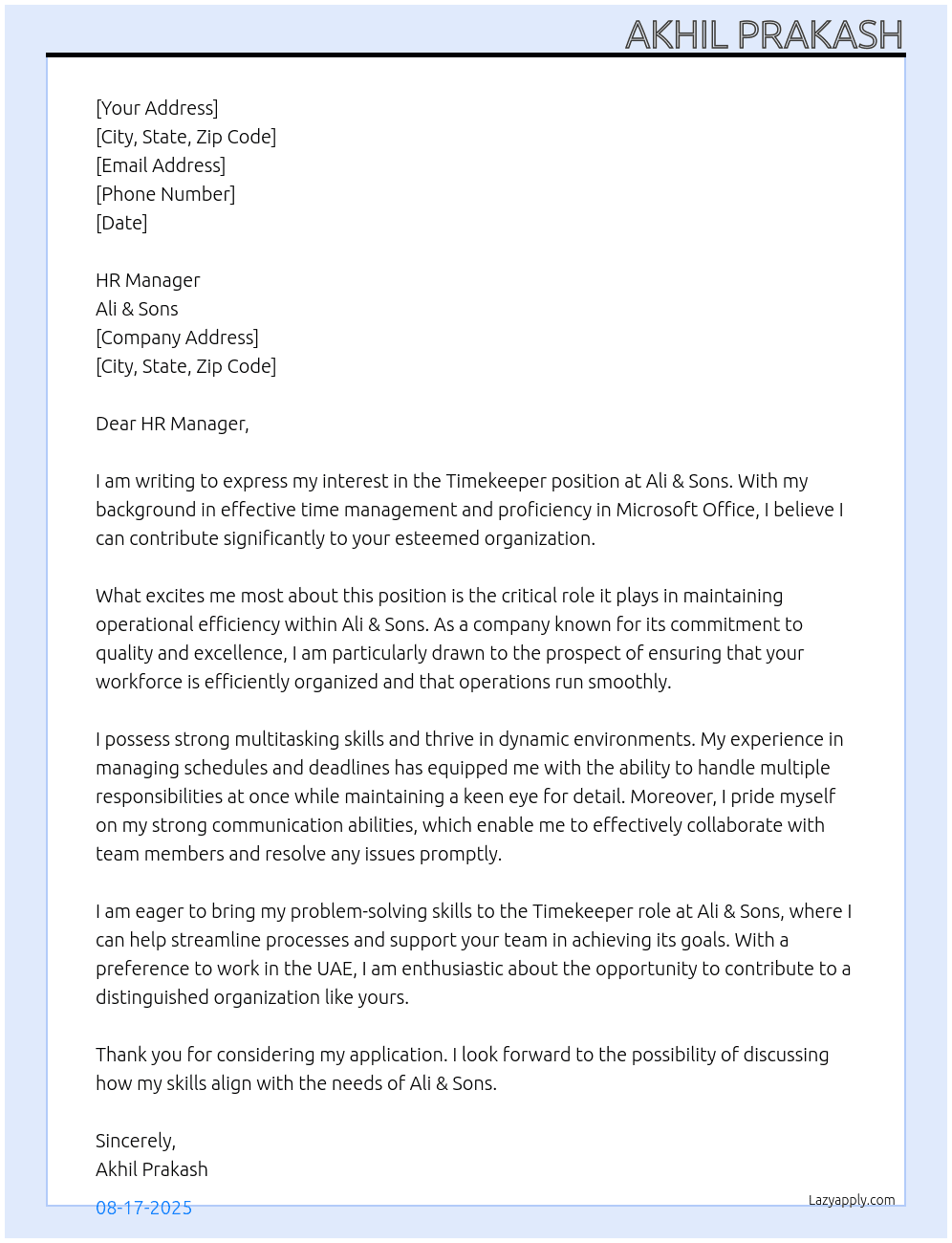 Timekeeper  At Ali & Sons Cover Letter