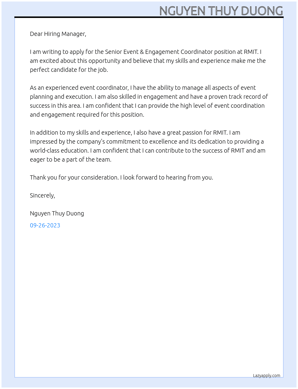 Senior Event & Engagement Coordinator At Rmit Cover Letter