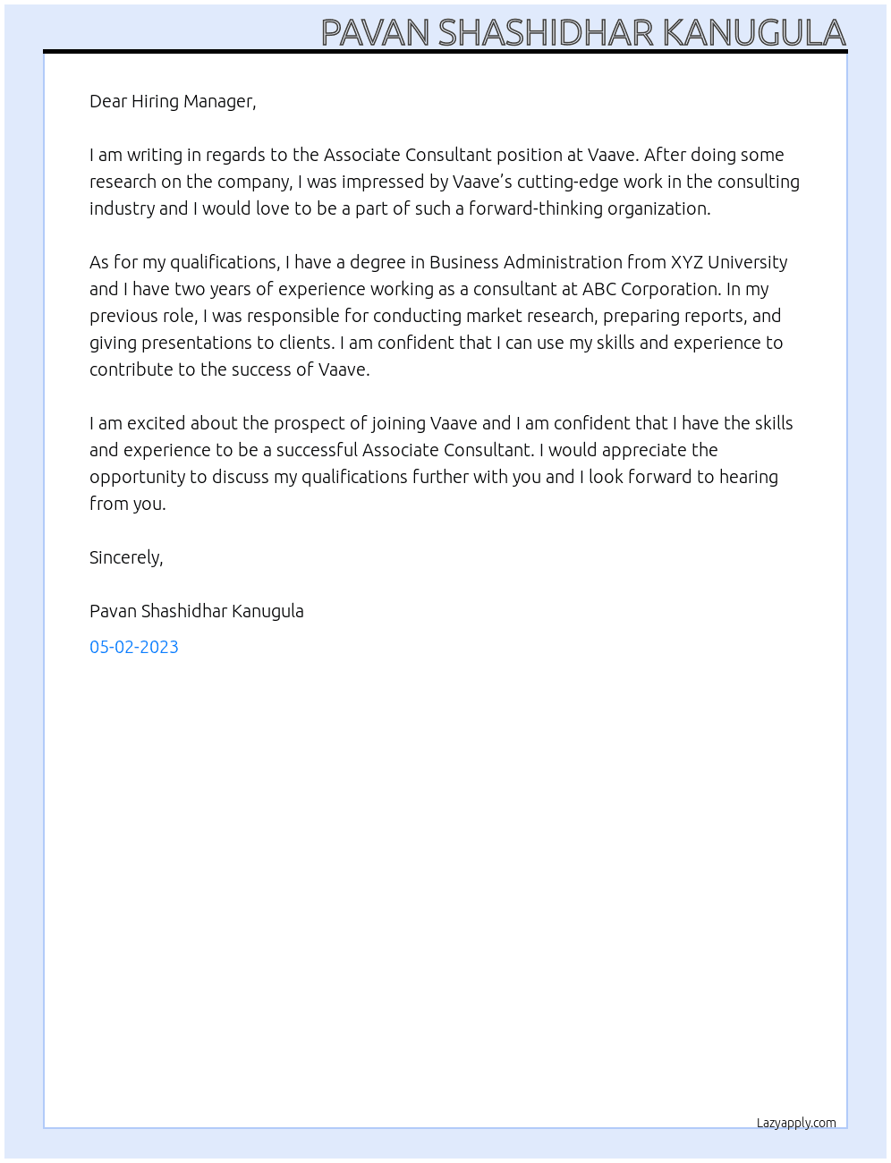 Associate Consultant At Vaave Cover Letter