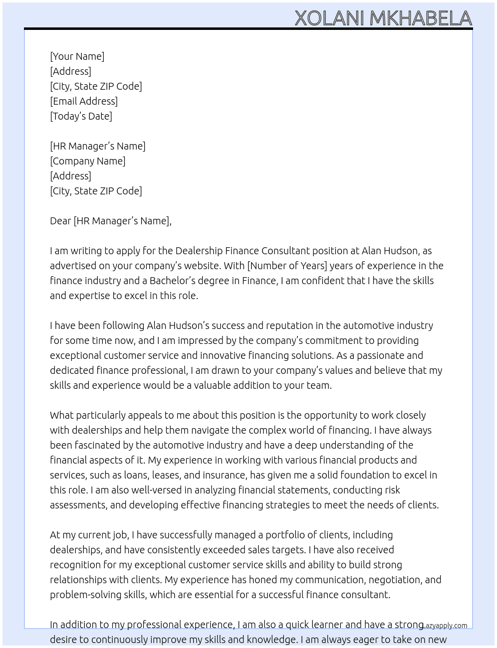 Dealership Finance Consultant At Alan Hudson Cover Letter