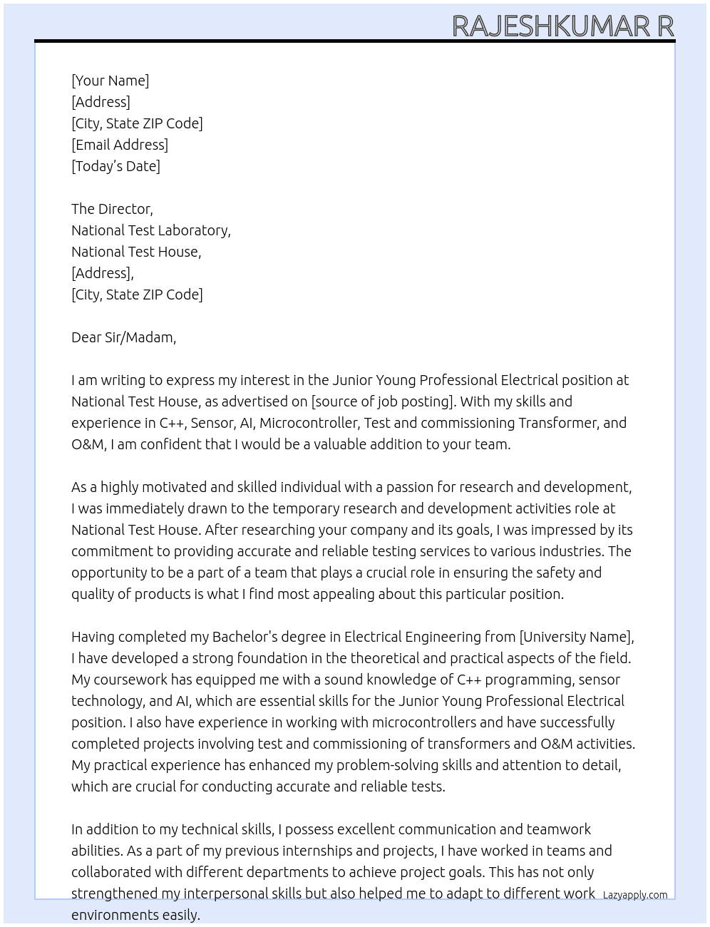 Junior Young Professional Electrical  At National Test House  Cover Letter