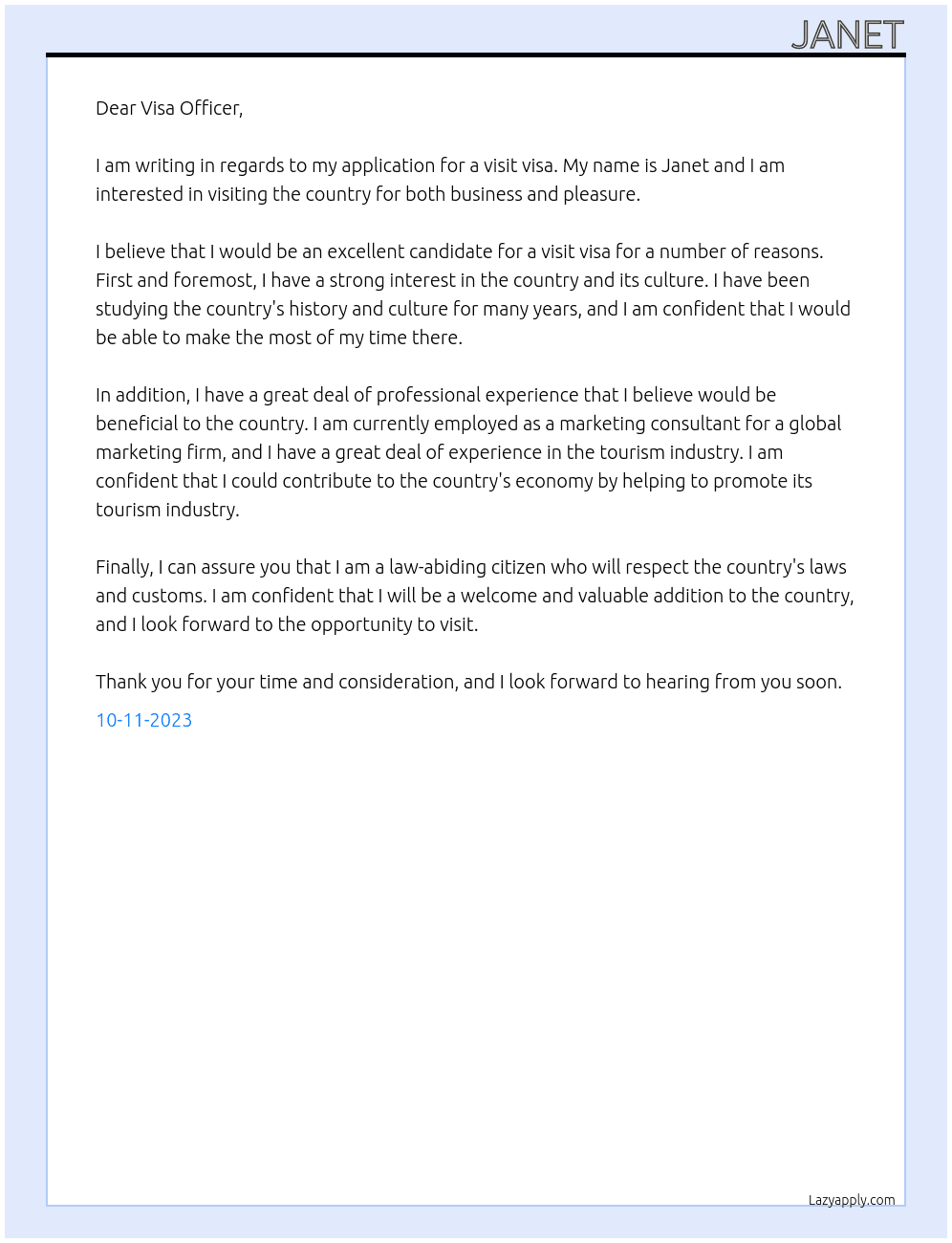 visit visa At vfs global Cover Letter
