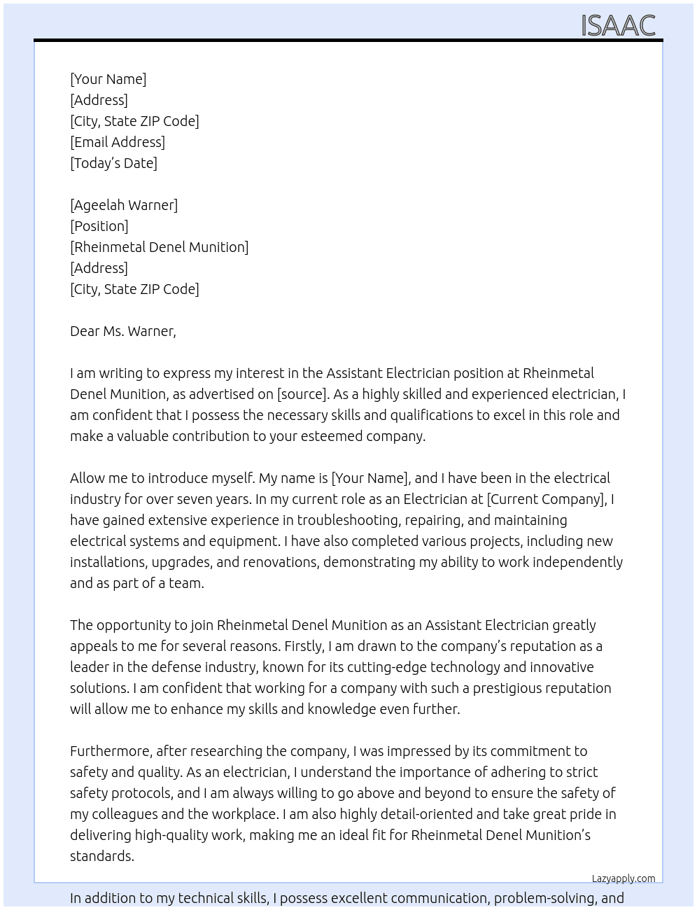 Assistant electrician  At Rheinmetal Denel munition Cover Letter