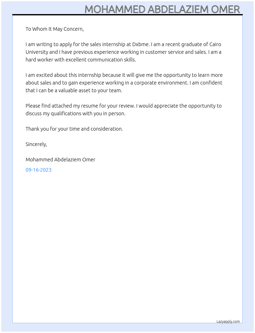 Sales internship  At Dxbme Cover Letter